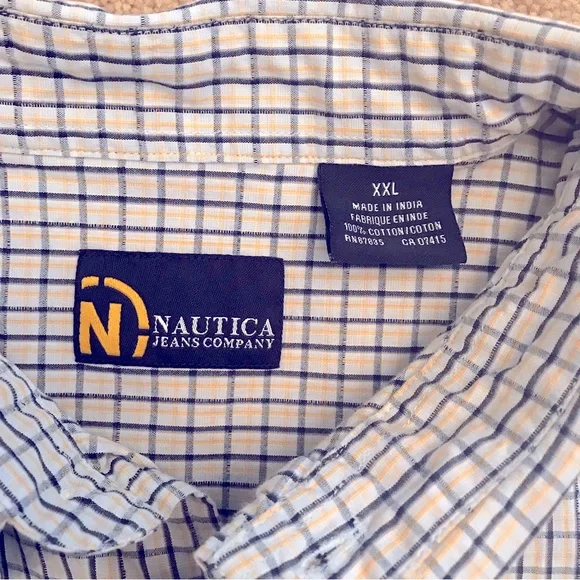 Nautica Mens Short Sleeve Camp Shirt Size XXL Blue Yellow Checker Stripe Cotton - Picture 4 of 8